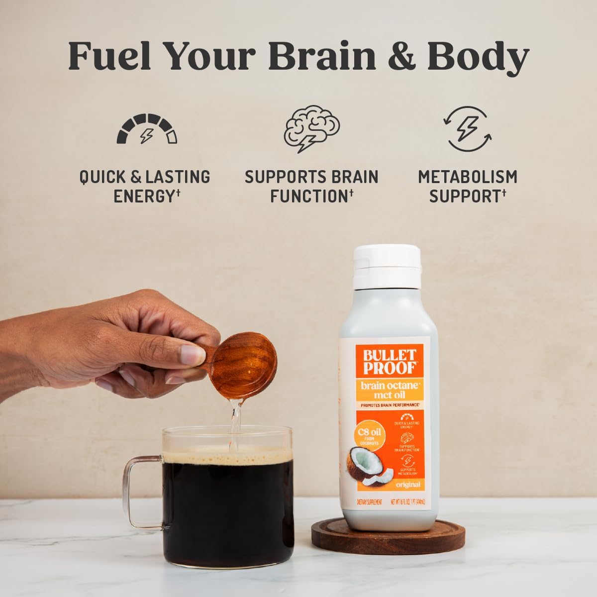Bulletproof Brain Octane C8 MCT Oil, Non-GMO, 16 oz – 100% C8 from Coconut | 100% Pure Coconut Oil, Triple-Distilled Keto Energy Supplement for Coffee & Smoothies, Unflavored, No Additives, Non-GMO
