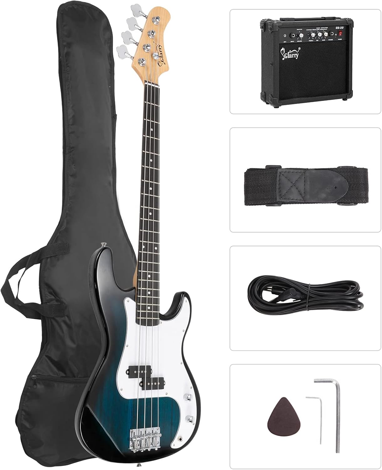 GLARRY Full Size Electric Bass Guitar Beginner Kit 4 String Exquisite Basswood Bass with 20W AMP, Cable, Strap, Bag and Accessories (Transparent Blue, 39"Right Handed)