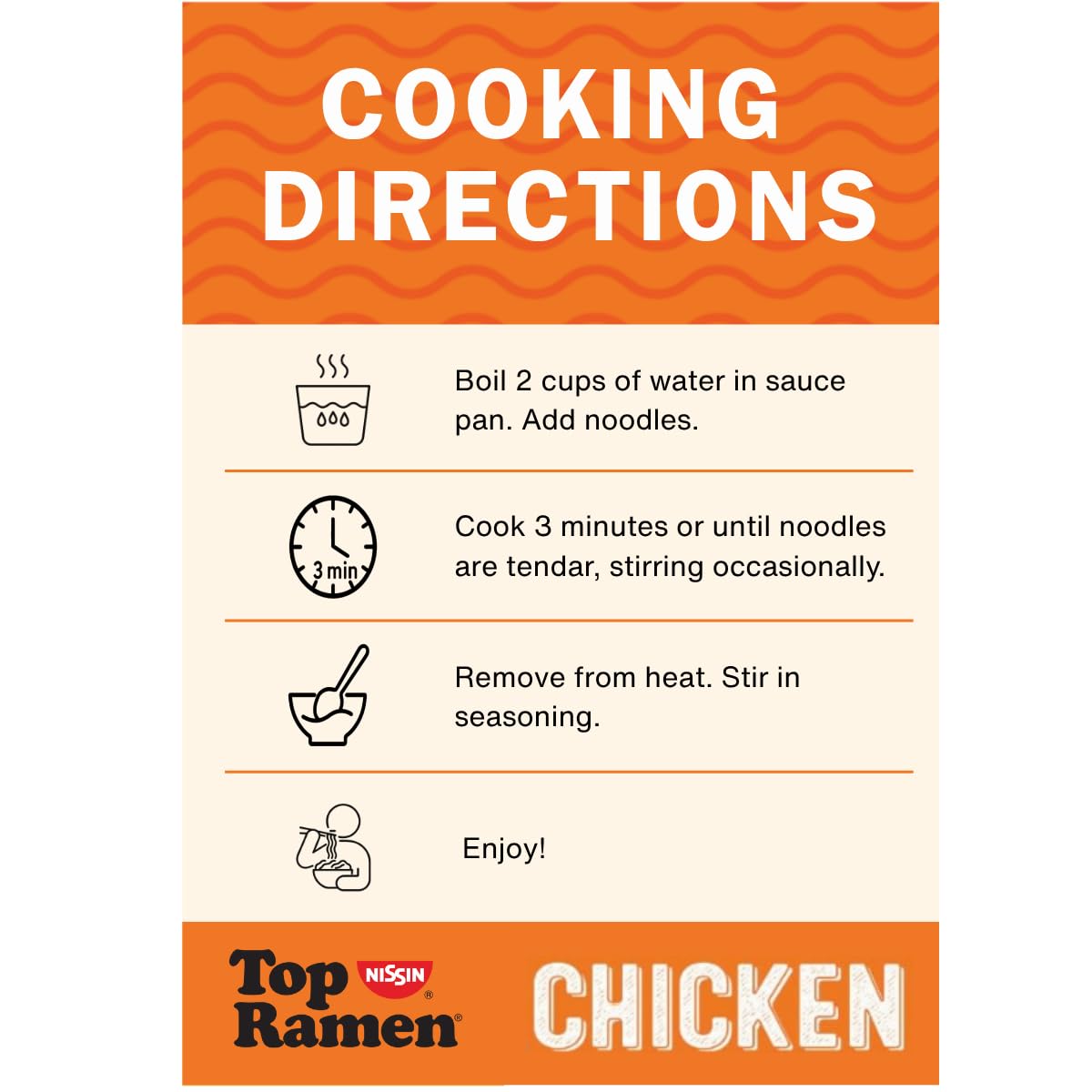 Nissin Top Ramen Noodle Soup, Chicken, 3 Ounce (Pack of 24) | Quick, convenient meal ready in minutes with just hot water.