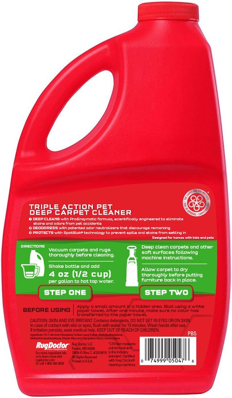 Rug Doctor Professional Triple Action Pet Stain and Odor Deep Carpet Cleaner Solution 48oz. Triple Action Formula Cleans, Deodorizes and Deters Remarking, Carpet Shampoo for Pet Stains & Odors