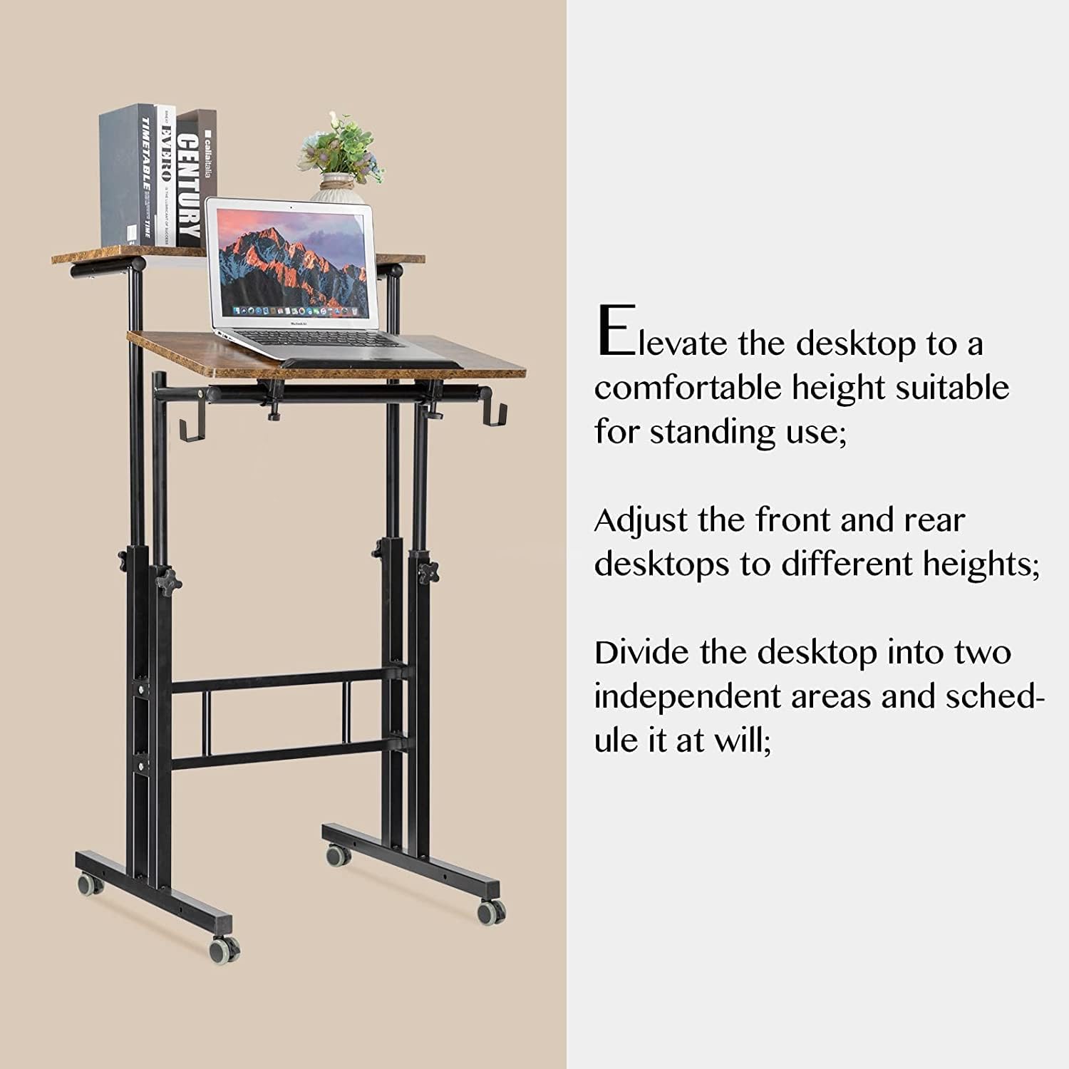 SIDUCAL Mobile Standing Desk, Portable Stand Up, Small Adjustable Converter with Wheels Home Office Workstation, Rolling Desk Laptop Cart for Standing or Sitting, Black