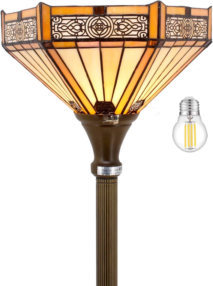 WERFACTORY Tiffany Floor Lamp Yellow Hexagon Stained Glass Mission Light | 12X12X71 Inches Torchiere Standing Corner Torch Uplight Decor Bedroom