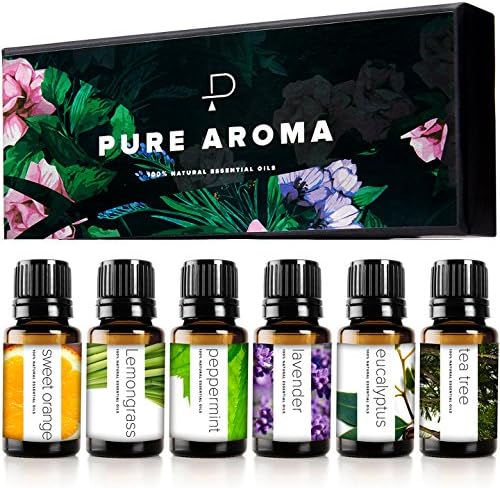 Essential Oils Set by Pure Aroma - Top 6 Aromatherapy Oils Gift Set-6 Pack, 10ml (Eucalyptus, Lavender, Lemongrass, Sweet Orange, Peppermint