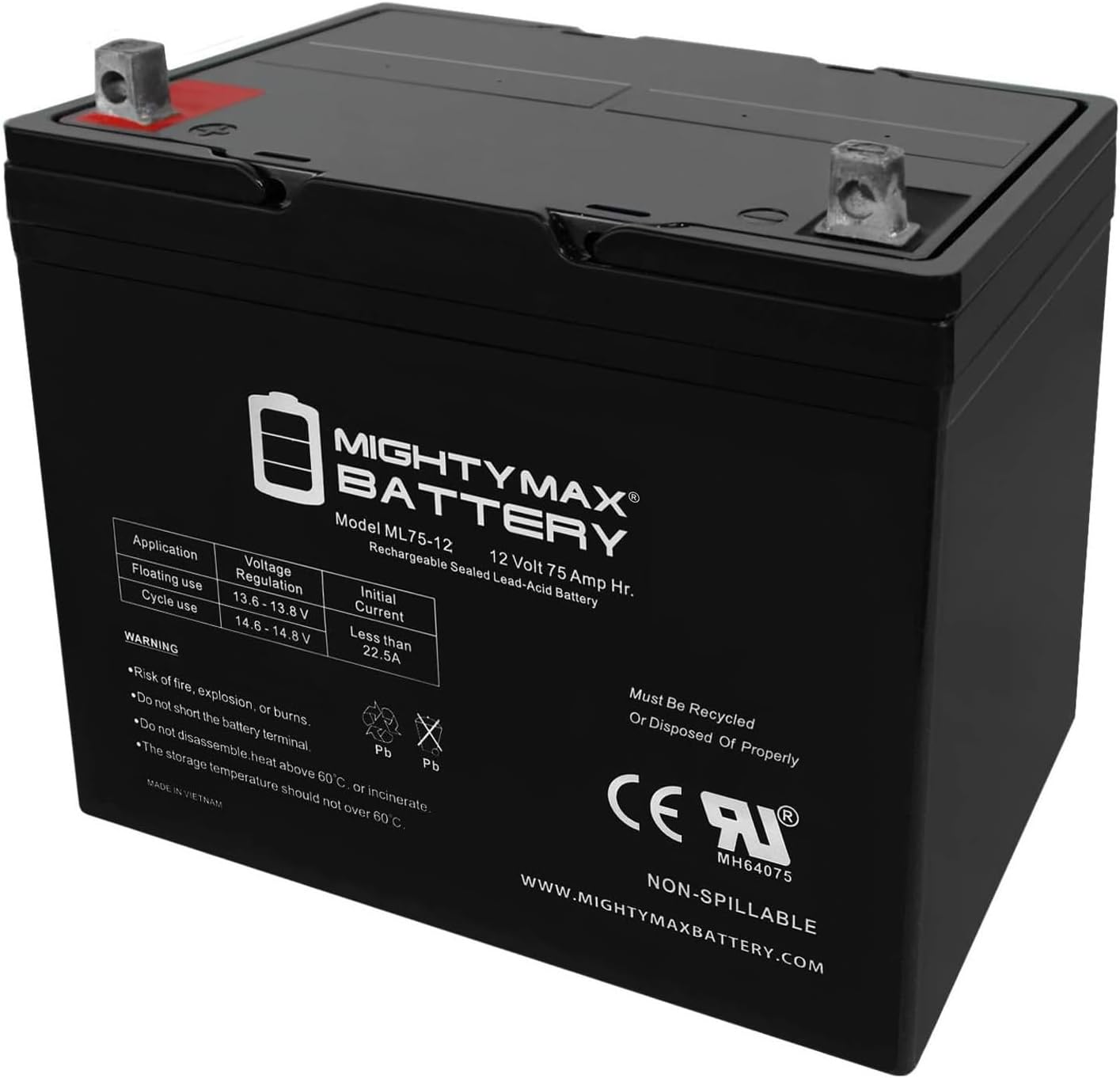 ML55-12 - 12 Volt 55 AH, Nut and Bolt (NB) Terminal, Rechargeable SLA AGM Battery