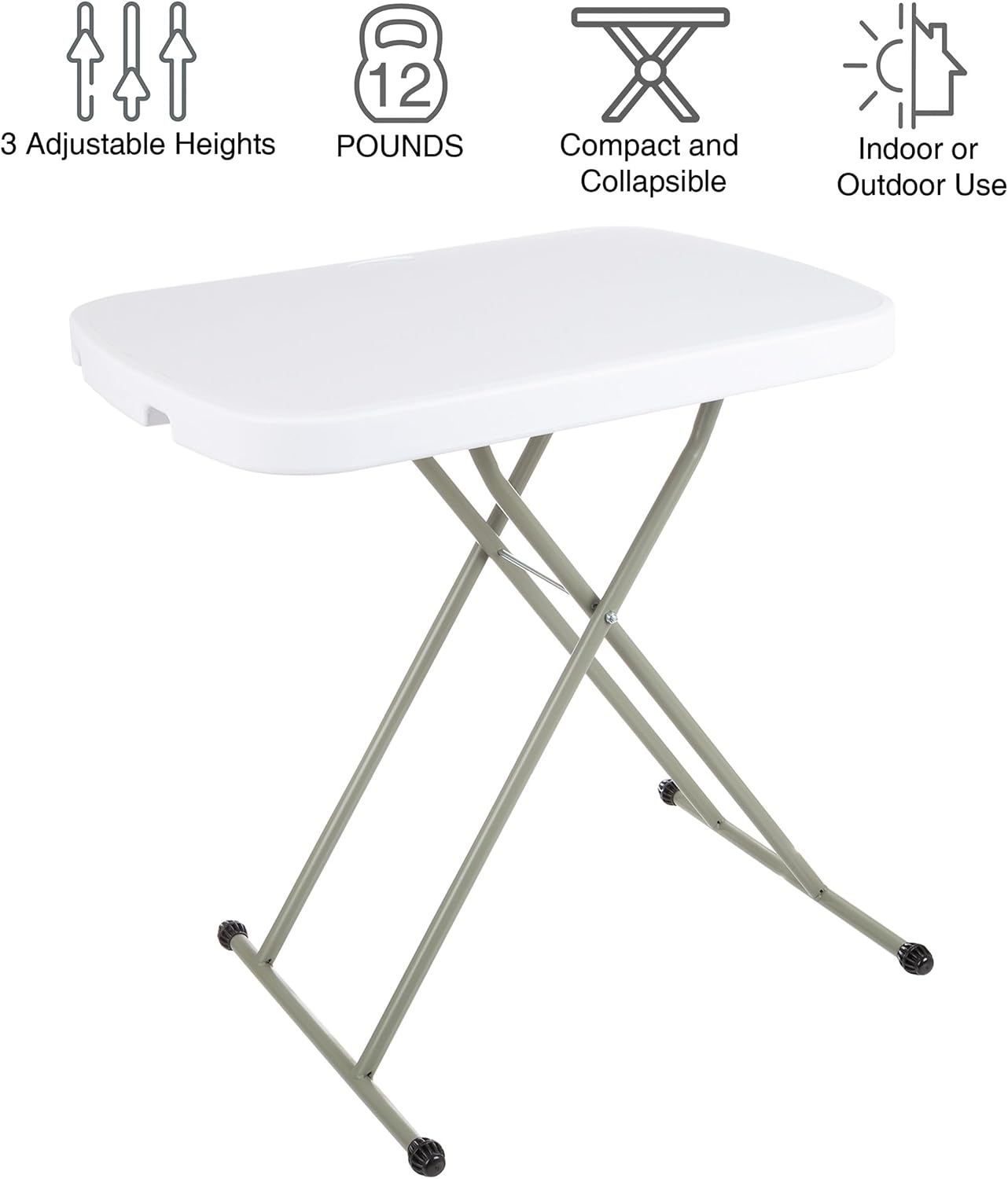 Lavish Home Small Adjustable Folding TV Tray Table, White, 19”H-24”H-28”H | Indoor and Outdoor Portable Lightweight Table, Plastic Snack Table, Small Desk for Laptop, Cards, Camping, Crafting, Party