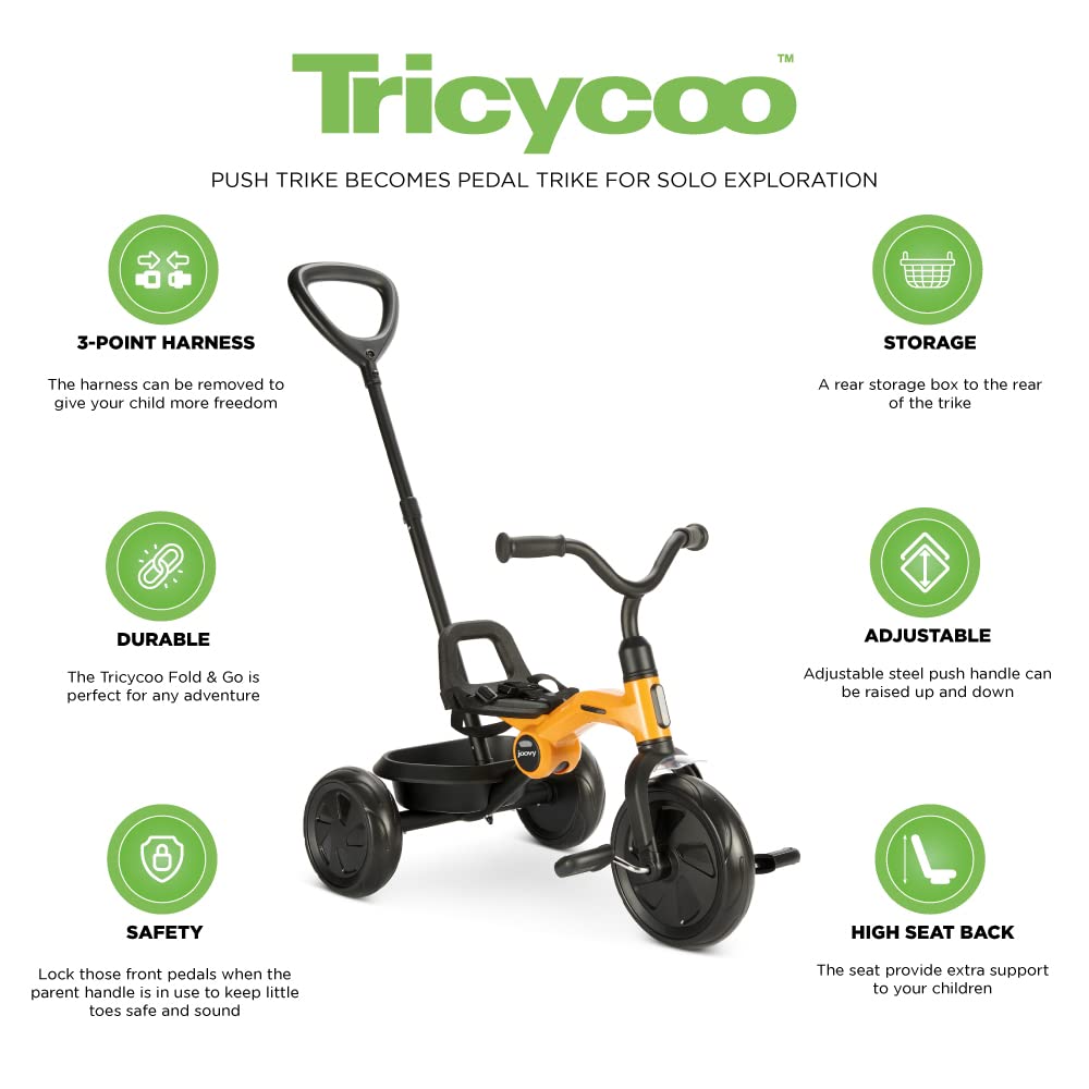 Joovy Tricycoo 4.1 Kids Tricycle with 4-Stages Featuring Extra-Wide Front Tire, Removable and Adjustable Parent Handle, Safety Harness