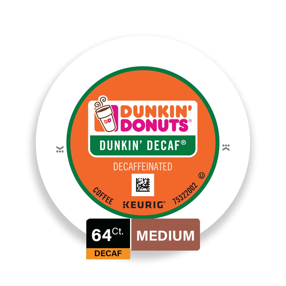 Dunkin' Donuts Medium Roast Decaf Coffee, 64 K Cups for Keurig Coffee Makers