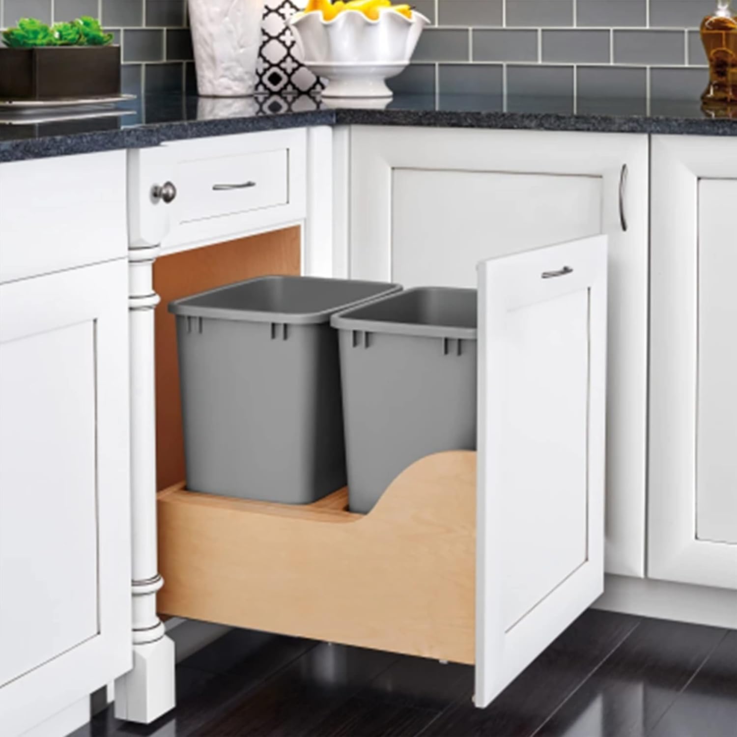 Rev-A-Shelf Pull Out Trash Can for Kitchen Cabinets 35 Qt 8.75 Gal Bottom Mounted, Undermount Soft-Close Slides, Silver, 4WCSC-1835DMND-2