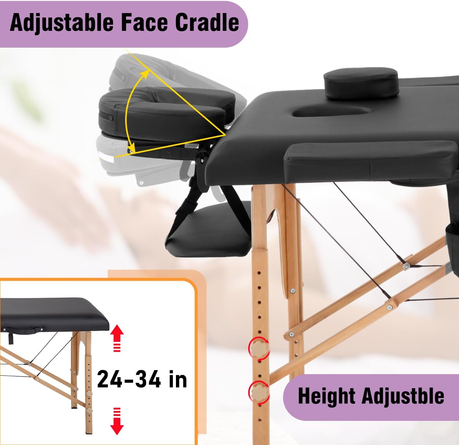 BestMassage | Portable Massage Table | 24" Wide, Black PU Leather | Lightweight, 2-Fold Massage Table with Height Adjustment, 450lbs Capacity, Carry Bag | For Massage, Facial, Tattoo, Home, Spa