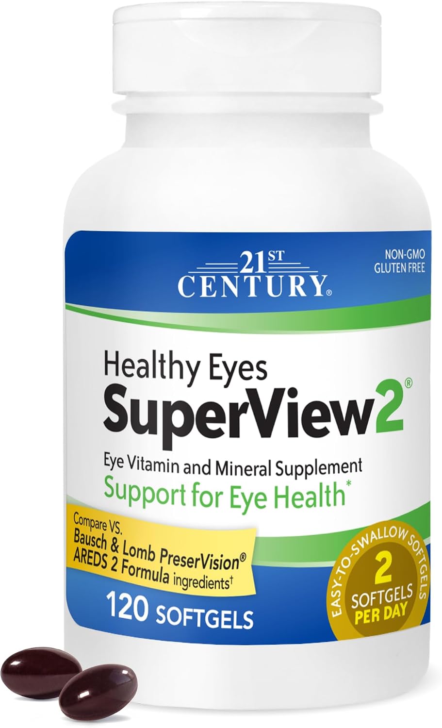 21st Century Healthy Eyes SuperView Eye Vitamin Softgels, 120 Count | High-Potency Eye Vitamin & Mineral Softgels with Vitamin C, Compare VS. Bausch + Lomb PreserVision® AREDS 2 Formula, Non-GMO