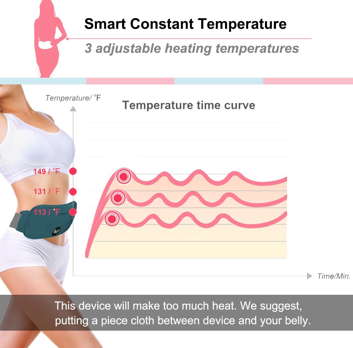 Portable Cordless Heating Pad, Electric Waist Belt Device, Fast Heating Pad with 3 Heat Levels and 3 Massage Modes, Back or Belly Heating Pad