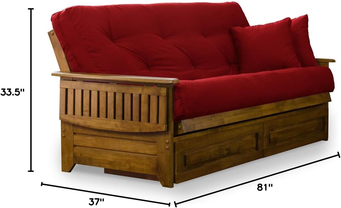 Brentwood Tray Arm Futon Frame, Drawers, and Khaki Mattress Set - Queen, Rich Heritage Finish