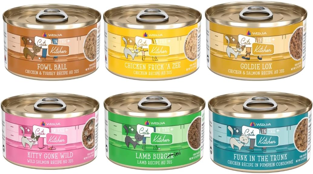 Weruva Cats in The Kitchen 6 Flavor Variety Pack of 12 Cans, 6oz | Grain-Free Wet Canned Cat Food