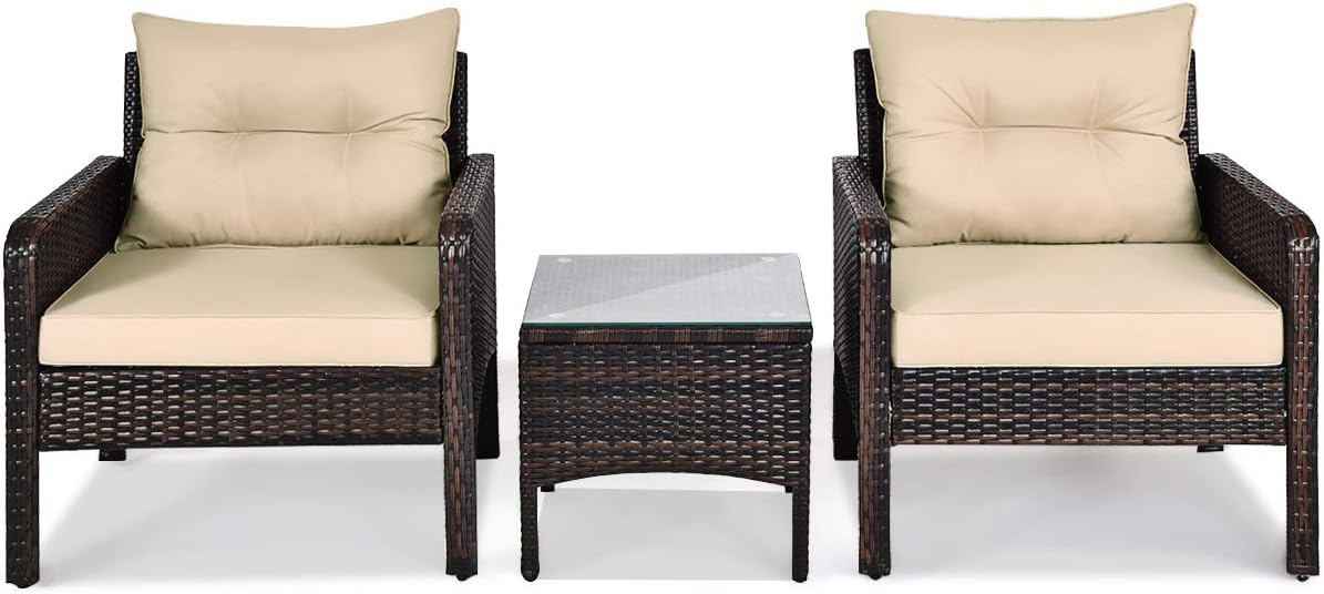 Tangkula 3 Piece Outdoor Patio Furniture Set, Wicker Chairs Set with Glass Top Coffee Table, Thick Cushions
