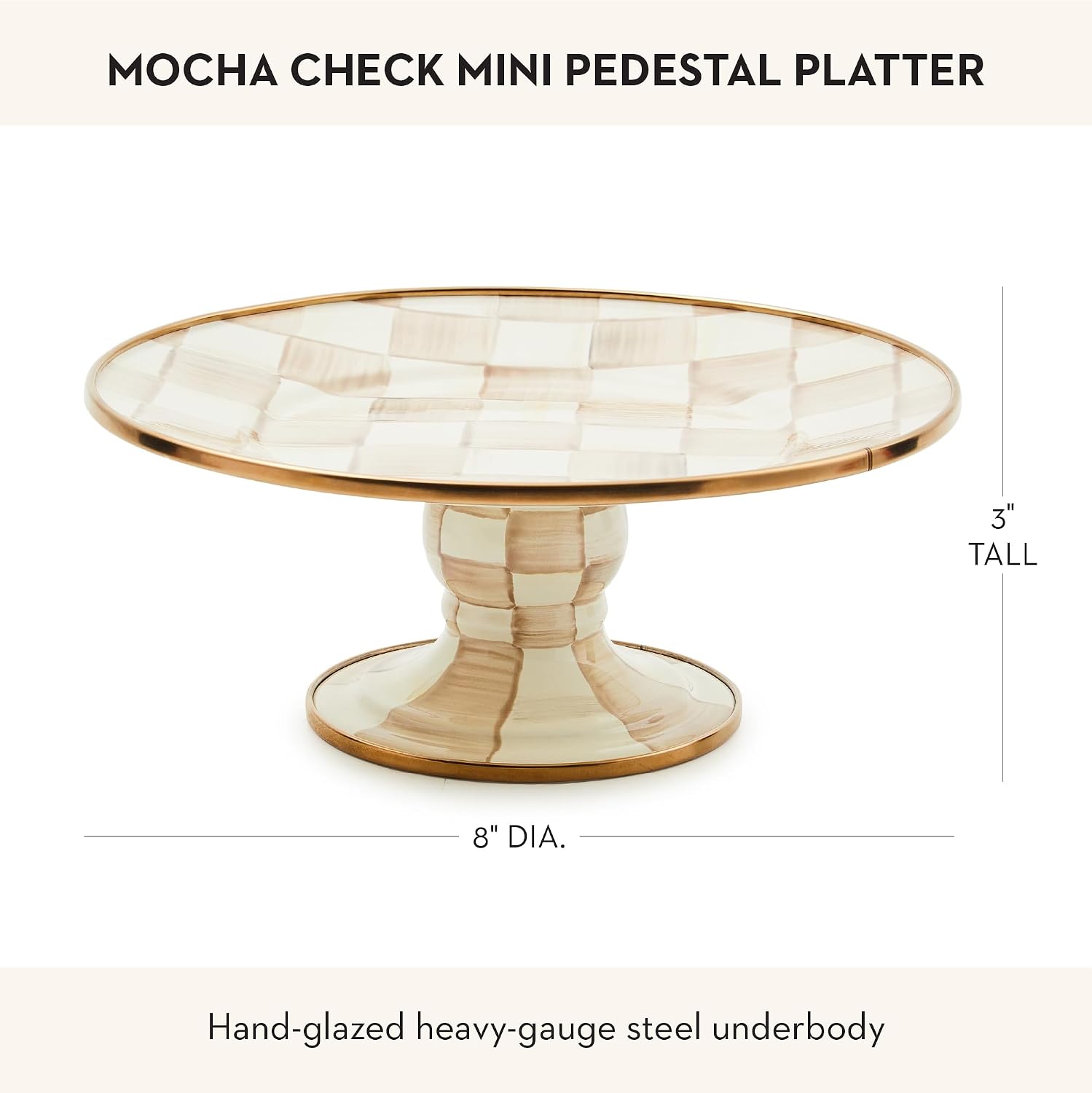 MACKENZIE-CHILDS Pedestal Platter, Mini, Black-and-White Courtly Check | Hand-painted design, made from enameled steel, stackable round cake stand for serving desserts, 8" dia. x 3" H