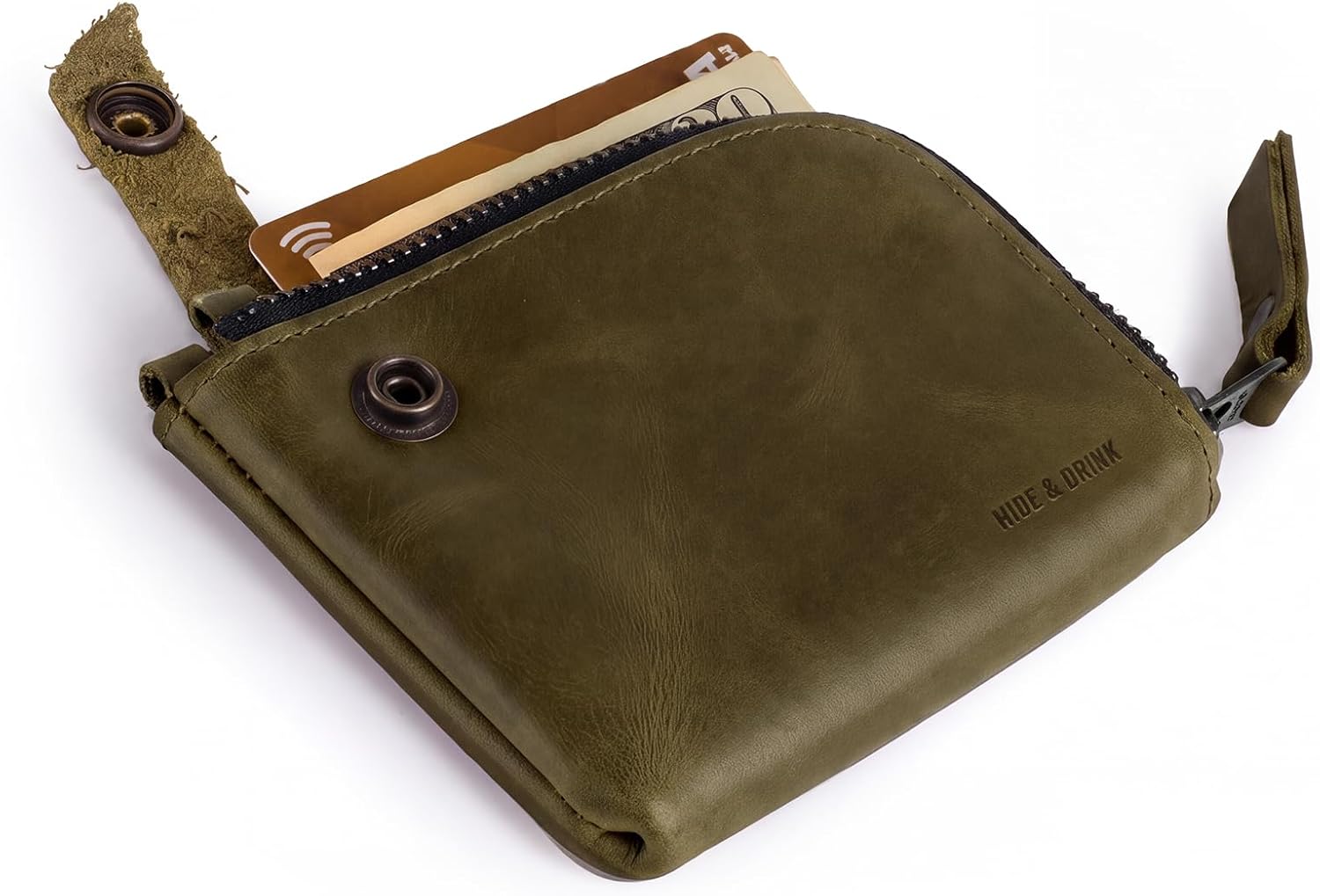 Hide & Drink, Leather Zippered Wallet, Holds Up to 6 Cards Plus Folded Bills, Pouch Organizer, Cash Holder, Travel Essentials, Mini, Pocket-Size, Handmade (Bourbon Brown)