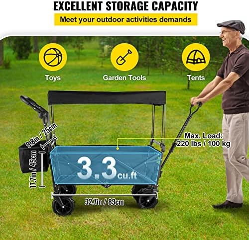 Happbuy Collapsible Wagon with Removable Canopy, 220lbs Heavy Duty Foldable Beach Wagon with Big Wheels