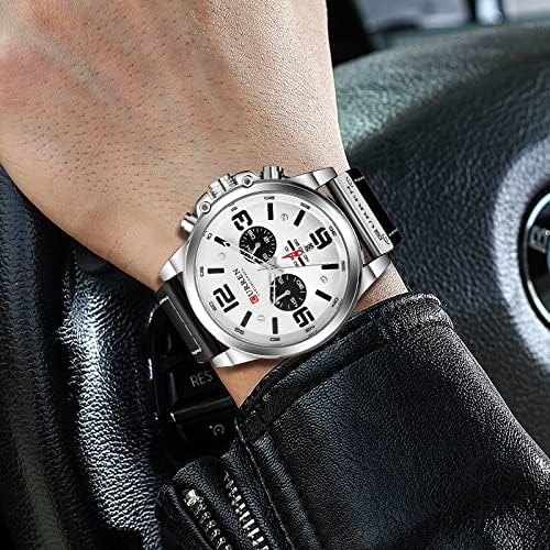 FANMIS Mens Classic Analog Quartz Chronograph Sandwich Dial Leather Watch
