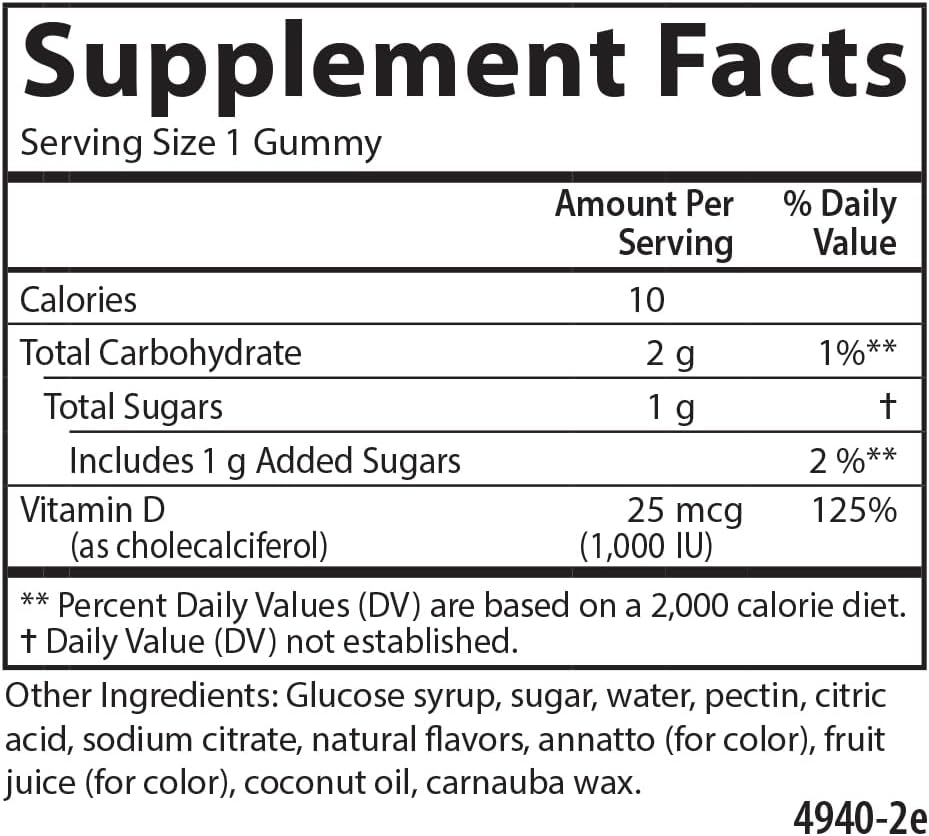 Carlson Vitamin D3 Gummies, 1000 IU (25 mcg), 60 Vegetarian Gummies | Mixed Fruit; Bone Health; Calcium Absorption; Non-GMO