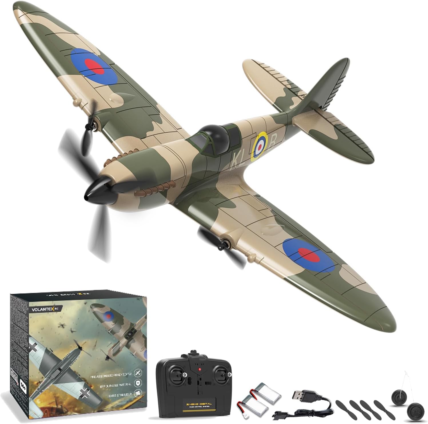 volantexrc RC Plane, 3 Channel Remote Control Plane for Beginners & Adults | Spitfire Fighter RTF, 6-Axis Gyro, 2.4GHz Radio Controlled Aircraft, Easy to Fly