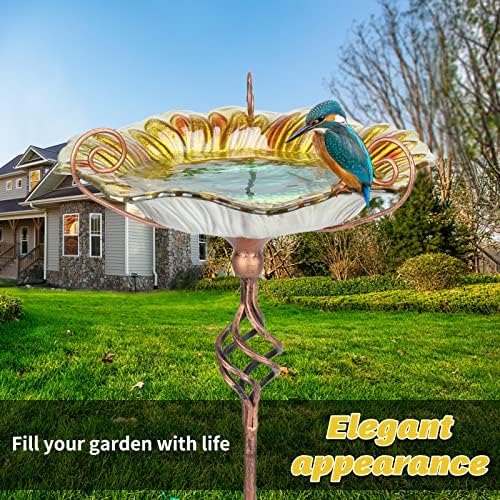 MUMTOP Bird Bath Outdoor, Glass Birdbath Bowl with Stake Garde Decor, Blue