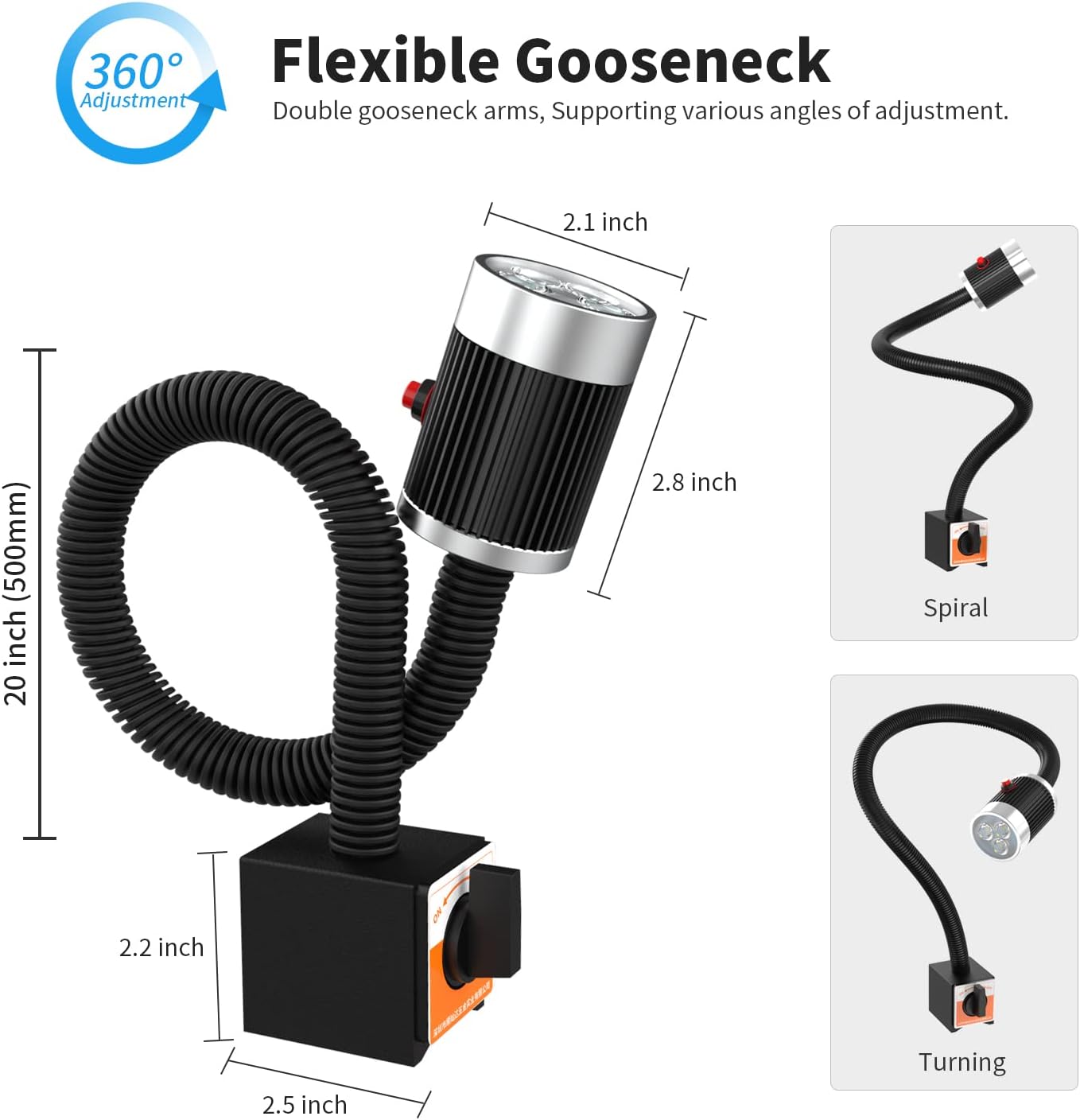Magnetic Work Light, 9W Led Flexible Gooseneck with Adjustable Magnetic Base for Lathe Machine Milling Drill Press Workbench Industrial Lighting
