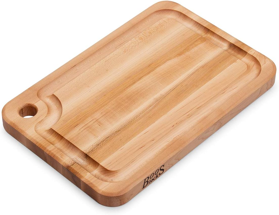 John Boos Prestige Series Rectangular Wooden Maple Cutting Board 16”x10” – 1.25” Thick, 6-lb Reversible Butcher Block with Juice Groove, Edge-Grain & Finger Grip Hole – Made in the USA | 1.25” Thick, 6-lb Butcher Block with Juice Groove, Edge-Grain & Fin…