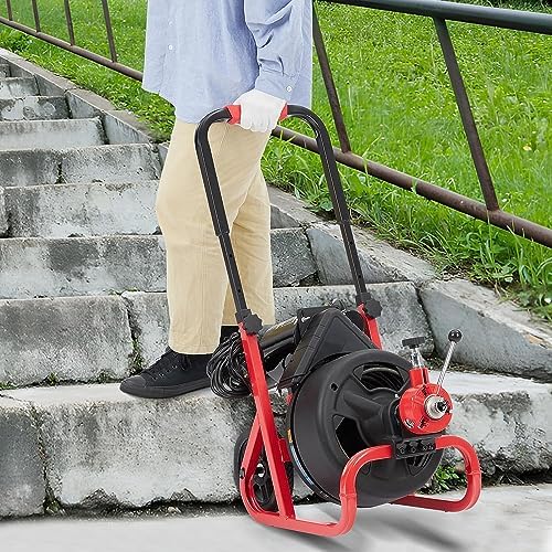 Drain Cleaner Machine - 100Ft x 3/8 Inch, Auto-feed Electric Drain Auger for Plumbing with 6 Cutters, Glove