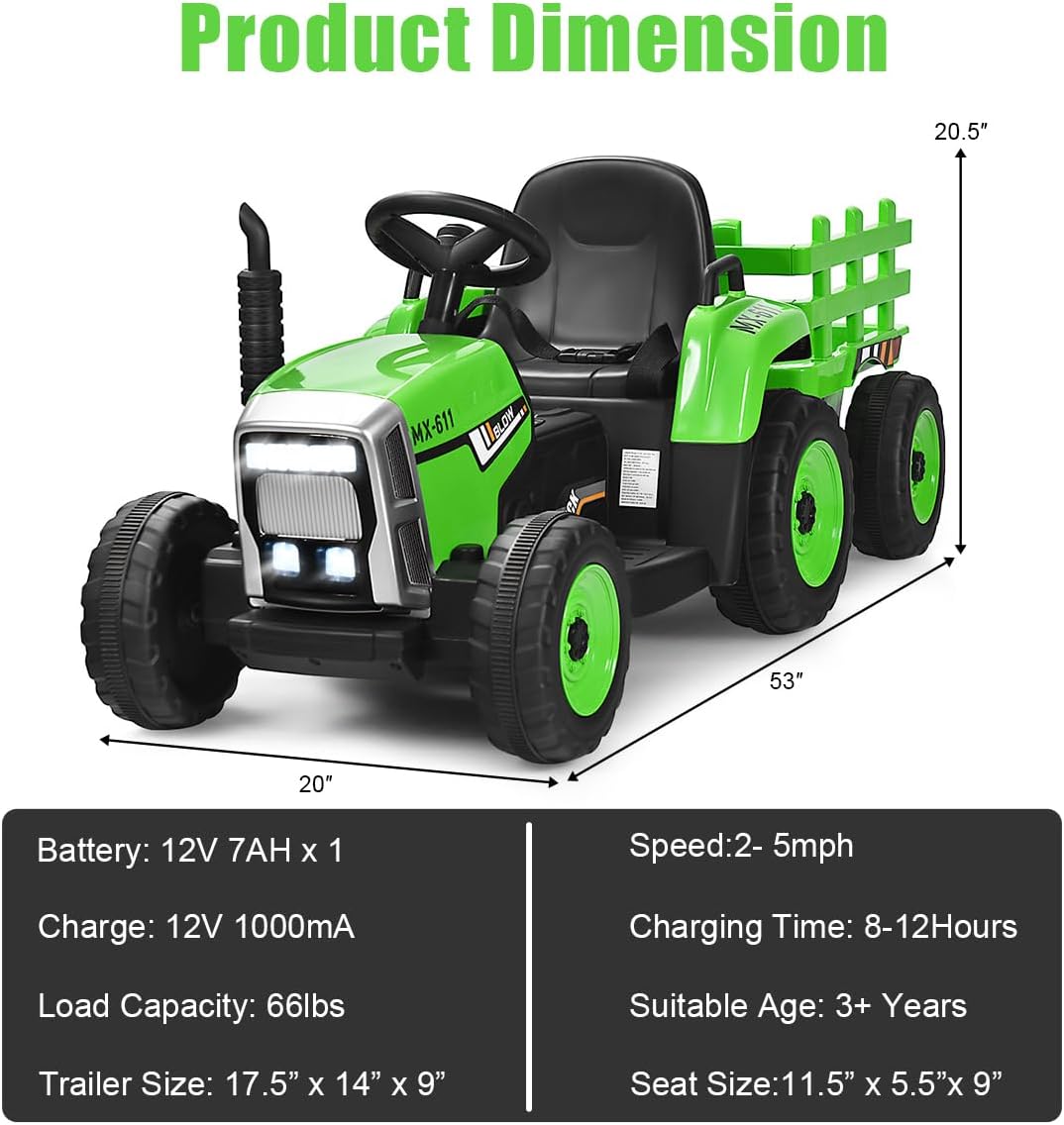 Costzon Ride on Tractor with Detachable Trailer, Kids' Electric Vehicles w/3-Gear-Shift Ground Loader, Wireless Design & USB, 7 LED Headlights