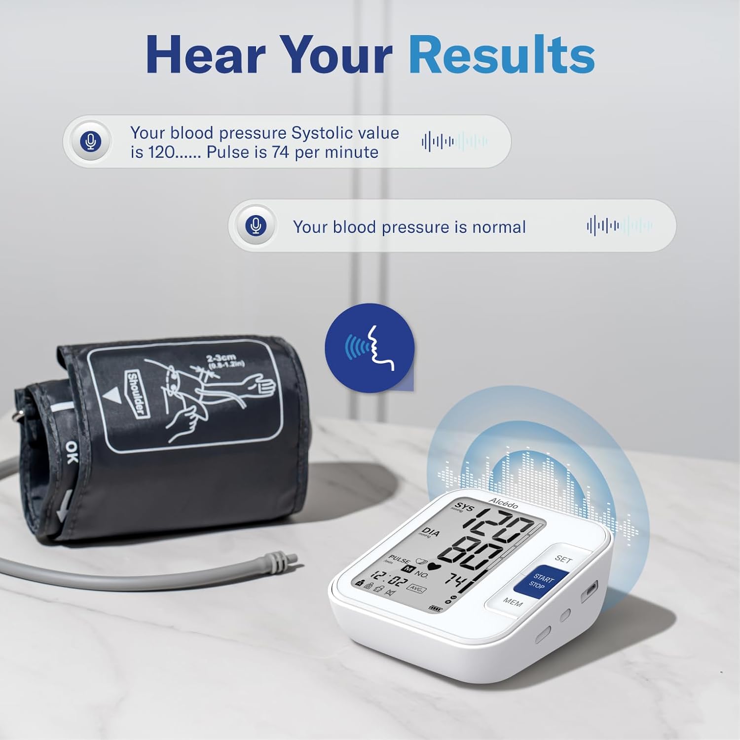 Alcedo Blood Pressure Monitor for Home Use, Upper Arm Cuff BP Machine | Large LCD Screen, Talking Function, 2x120 Memory, Large Cuff (8.7–16.5"), Batteries+USB Cable