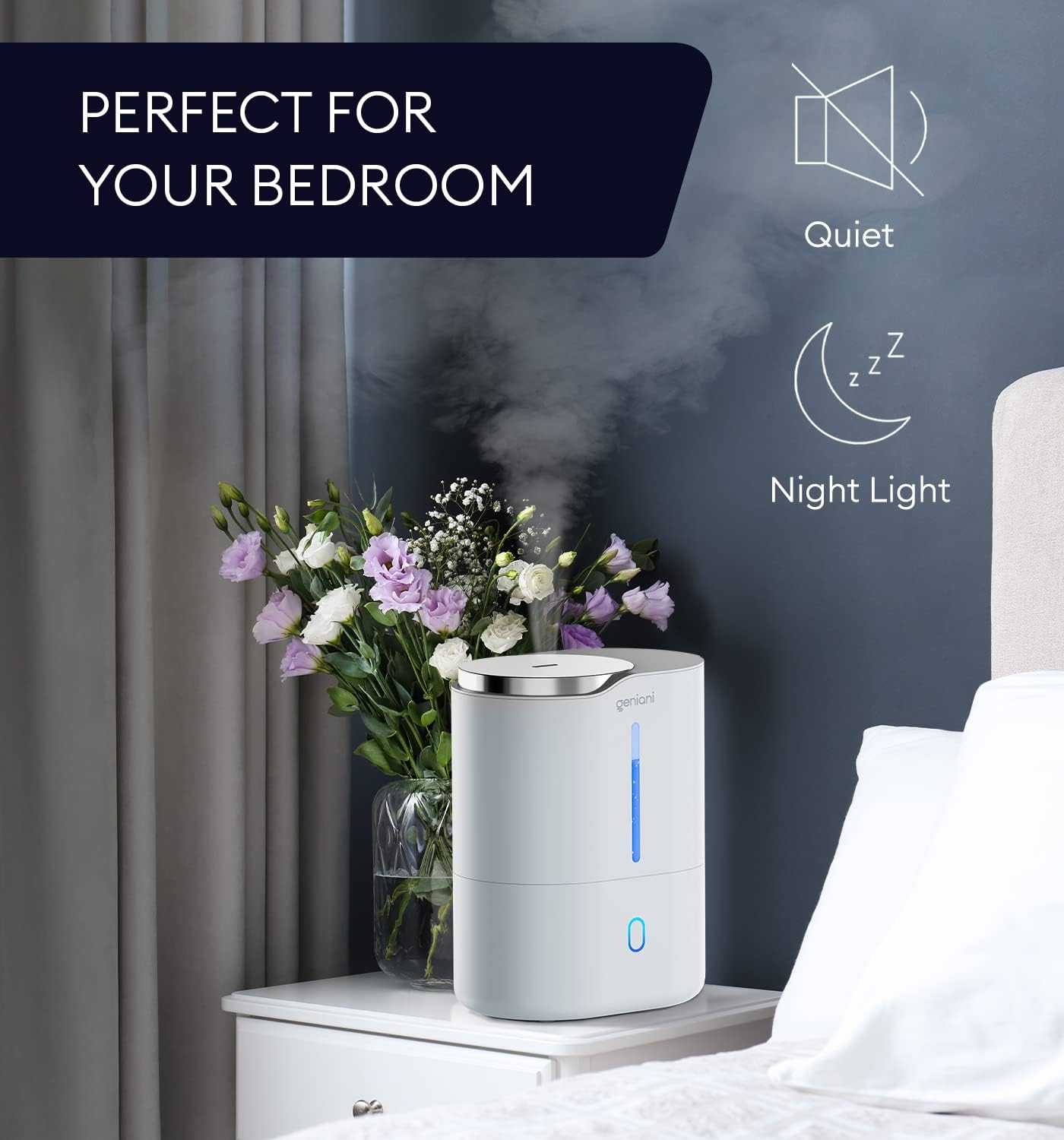 GENIANI Portable Cool Mist Humidifiers for Bedroom & Office - Ultrasonic Humidifier for Home, Baby, Small Room with Auto Shut Off