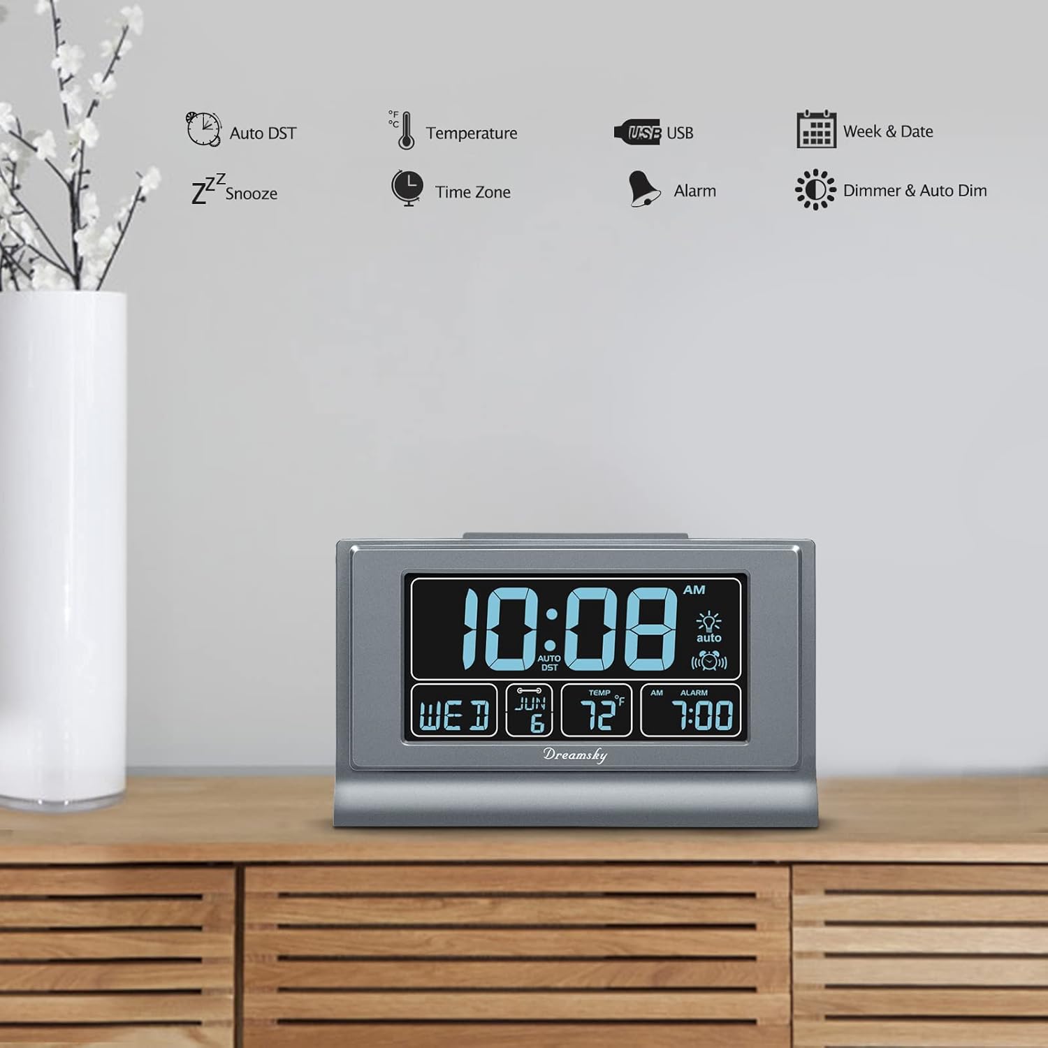 DreamSky Alarm Clocks for Bedrooms with Battery Backup, Auto Set | Digital Clock with Date & Day of Week, 5 Inch Large Display, Weekday, Temperature, USB Port, Auto DST, Brightness Dimmer