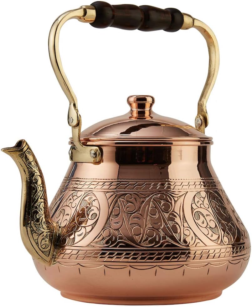 DEMMEX Large Copper Teapot, 1mm Thick, Engraved, Handcrafted in Turkey, 3.1 Quarts (2.9L)