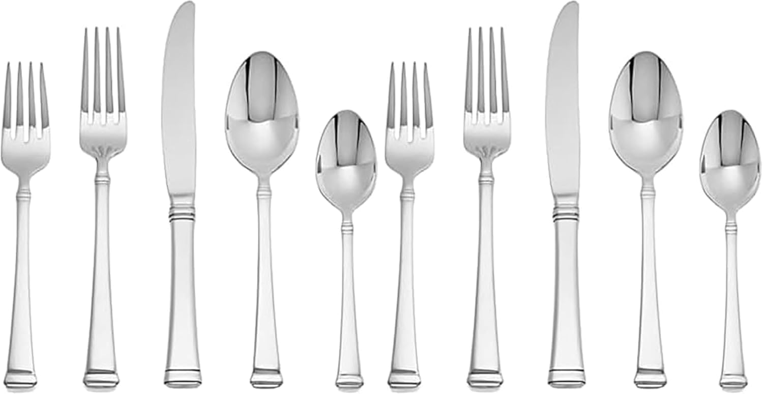 Mikasa Harmony 45-Piece Silverware Set, 18/10 Stainless Steel Cutlery for 8, Includes Forks, Knives, Spoons, and 5-Piece Serving Utensils Set
