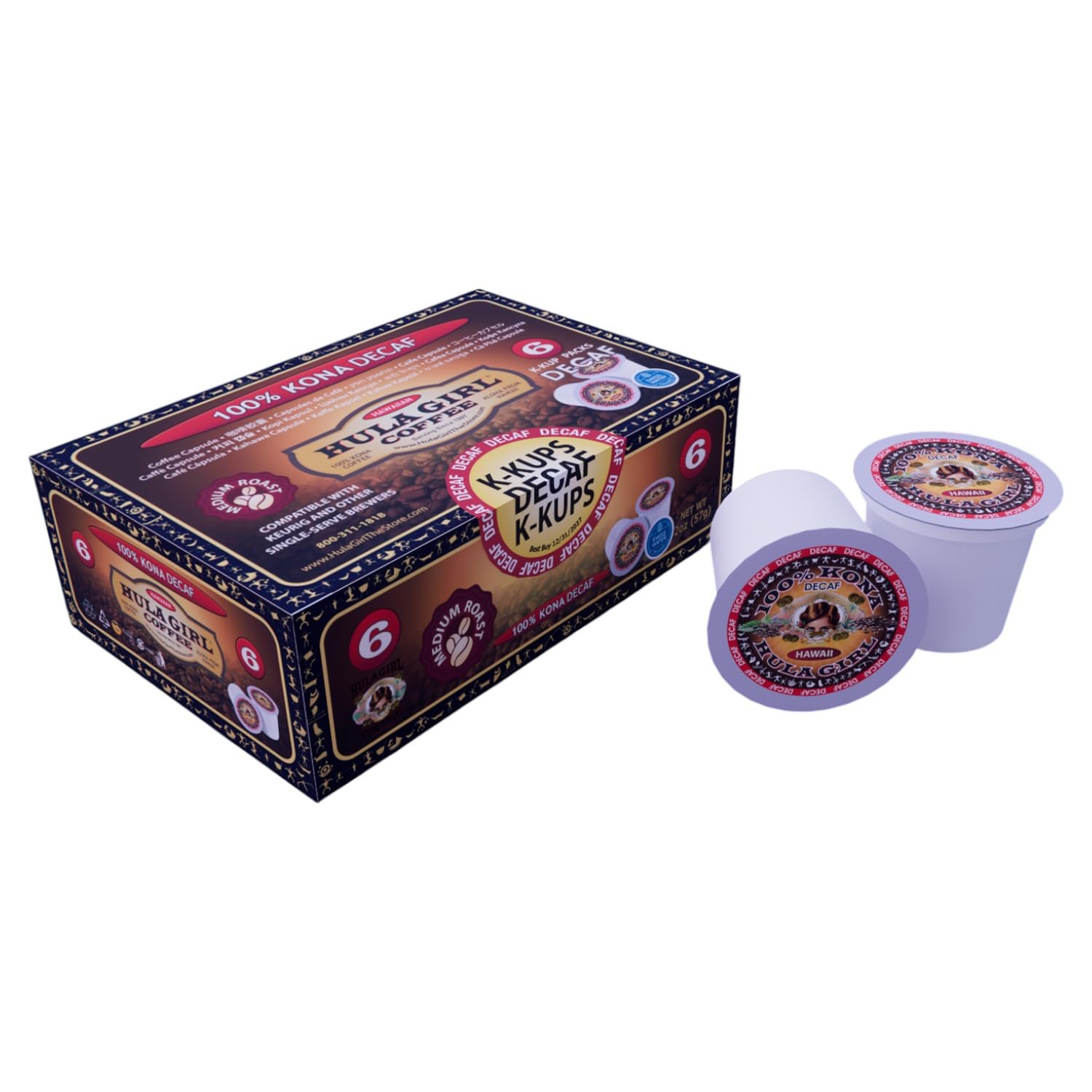 Hula Girl 100% Kona Coffee, Single Serve for Keurig K-Cup Brewers, Medium Roast, Works in the New K2