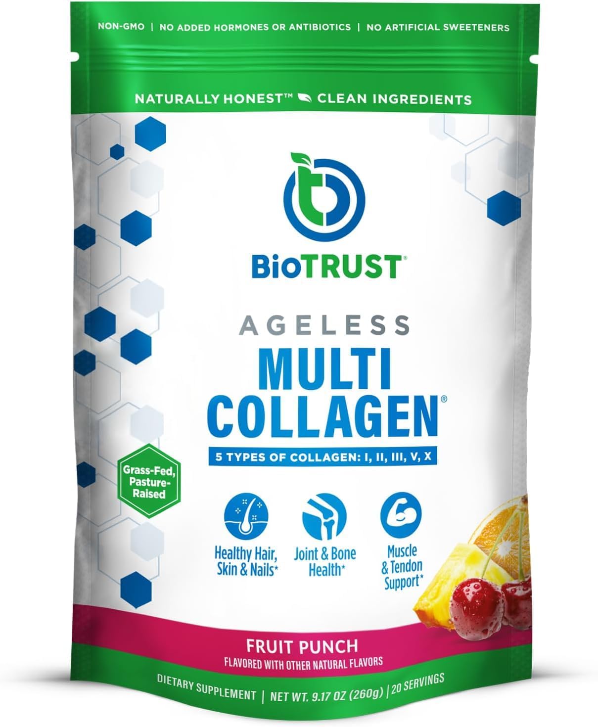 BioTrust Multi Collagen Peptides Unflavored Powder - Hydrolyzed, Grass Fed | 5 collagen types (I, II, III, V & X) from grass fed beef, fish, chicken & eggshell membrane with protein support