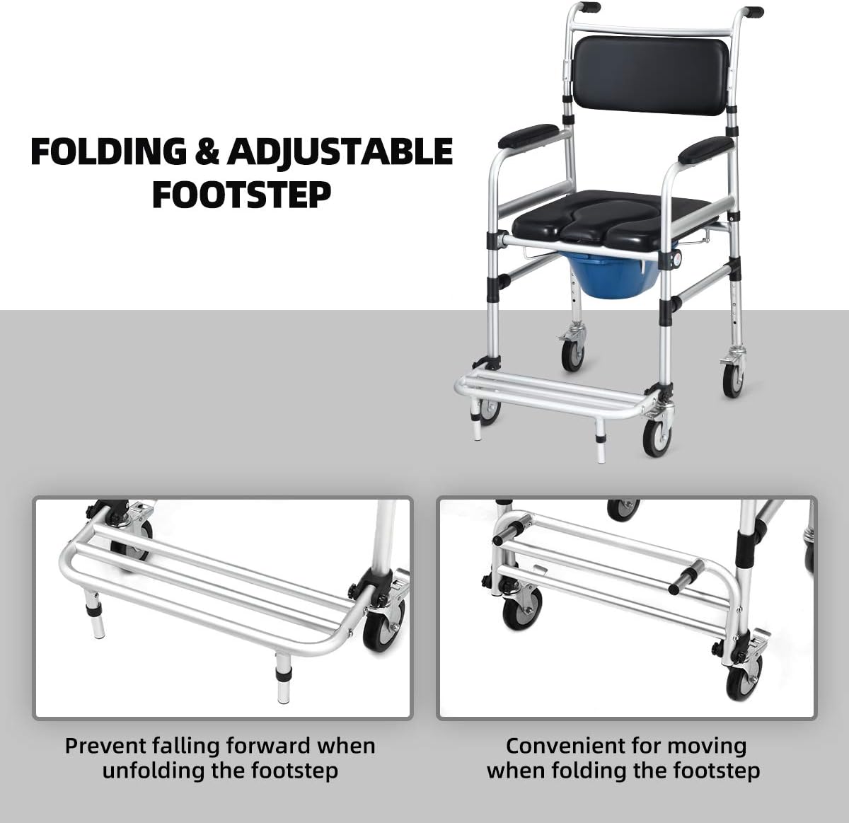 Giantex 3 in 1 Lightweight Shower Commode, Transport Bedside Commode with Wheels, Adjustable Height and Pedal, Shower Wheelchair for Elder