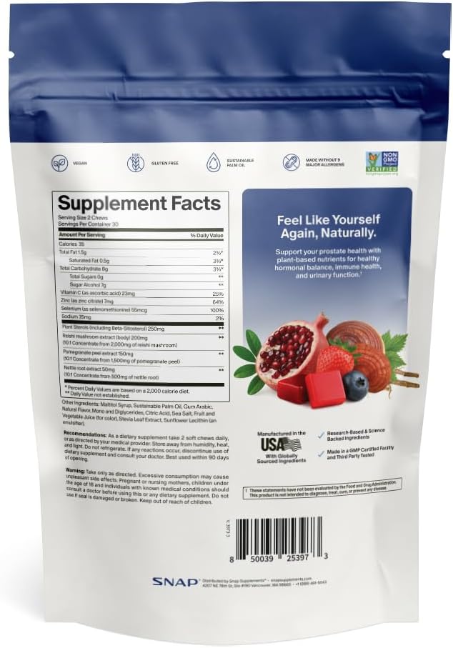 Snap Supplements Prostate Health Supplement for Men, 60 Sugar-Free Chews | Plant Sterols