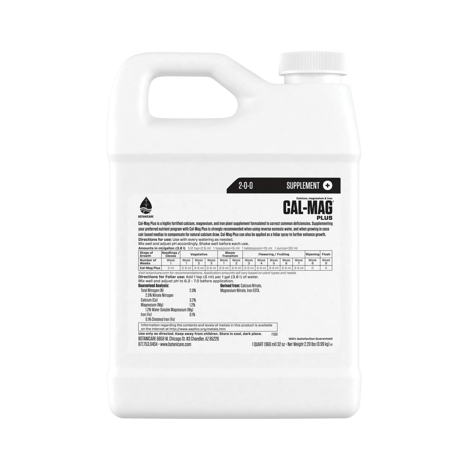 Botanicare Cal-Mag Plus, A Calcium, Magnesium, and Iron Plant Supplement, Corrects Common Plant Deficiencies, Add to Water or Use as a Spray, 2-0-0 NPK, 1-Gallon