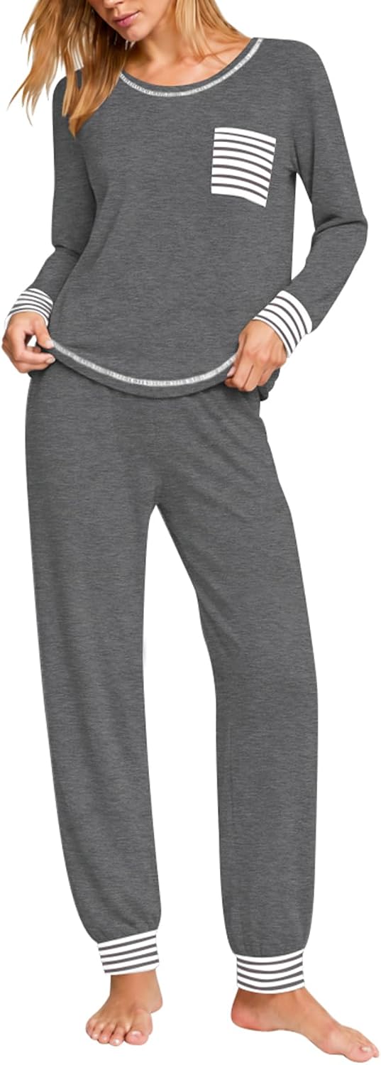 SWOMOG Women’s Pajamas Set Long Sleeve Sleepwear with Long Pants Soft Modal Loungewear Pj Set
