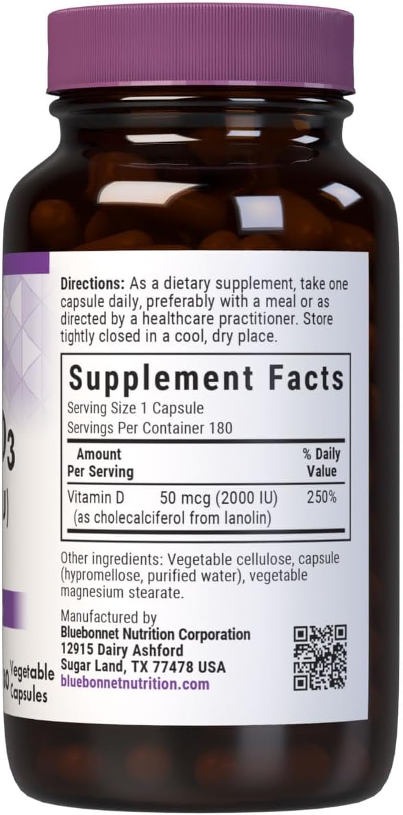 Bluebonnet Nutrition Vitamin D3 2000 IU Vegetable Capsule, Aid in Muscle and Skeletal Growth, Cholecalciferol from Lanolin, D3, Non GMO, Gluten Free