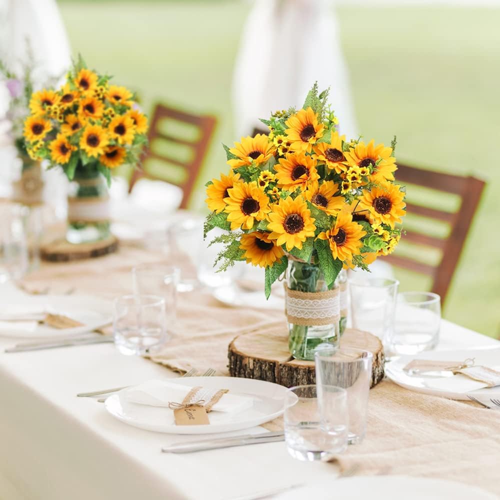 AmyHomie Artificial Sunflowers for Outdoors Fall Decor, 2 Bouquets | Garden, Patio, Wedding, Home, Centerpieces, Vase, UV Resistant, No Water