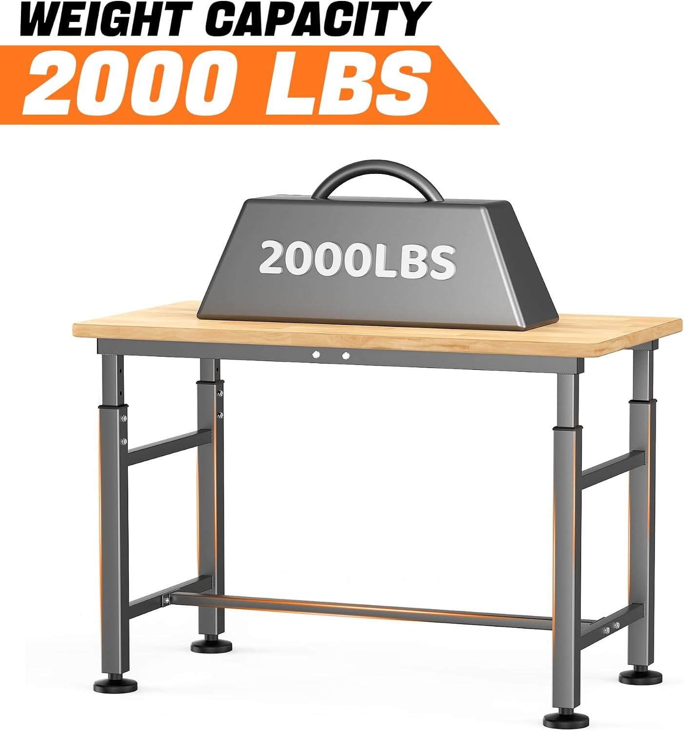 TORACK Adjustable Workbench with Rubberwood Top, Rolling 32x18 in Worktable | Height adjustable 28"–38", heavy-duty garage workbench with Wheels, up to 1000 lbs