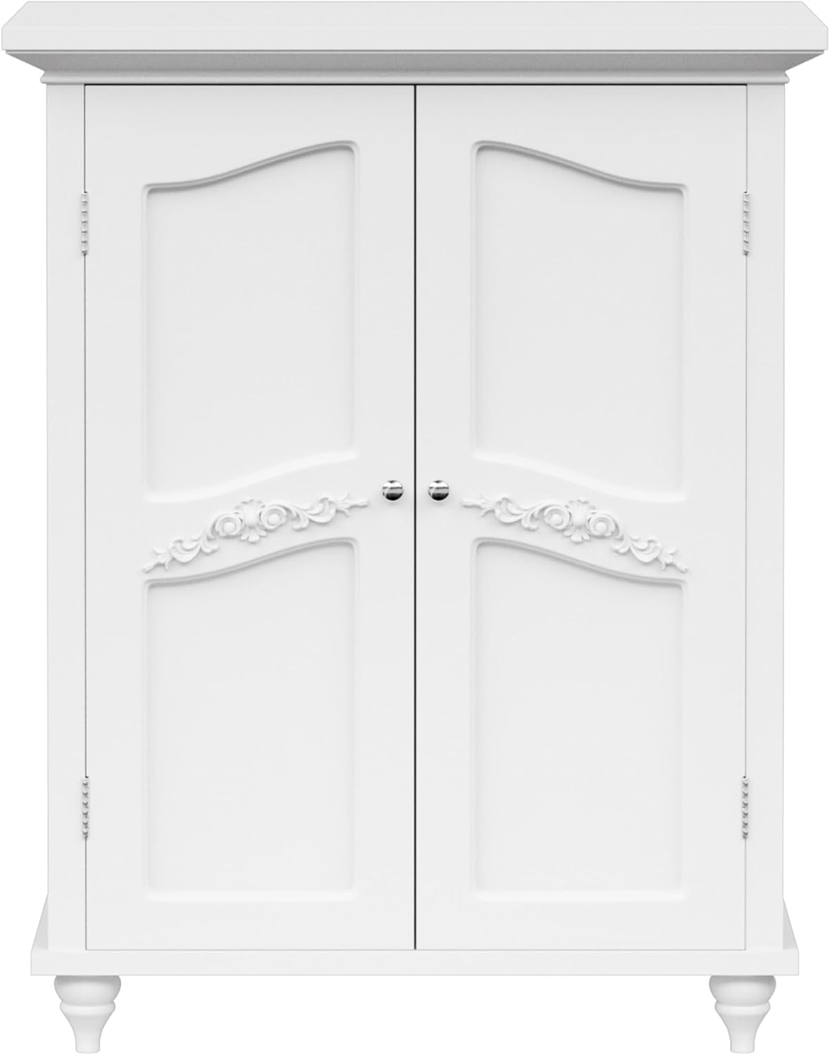 Teamson Home Versailles Wooden Freestanding Floor Storage Cabinet with 2 Adjustable Interior Shelves 3 Storage Spaces and 2 Floral Scroll Doors, White