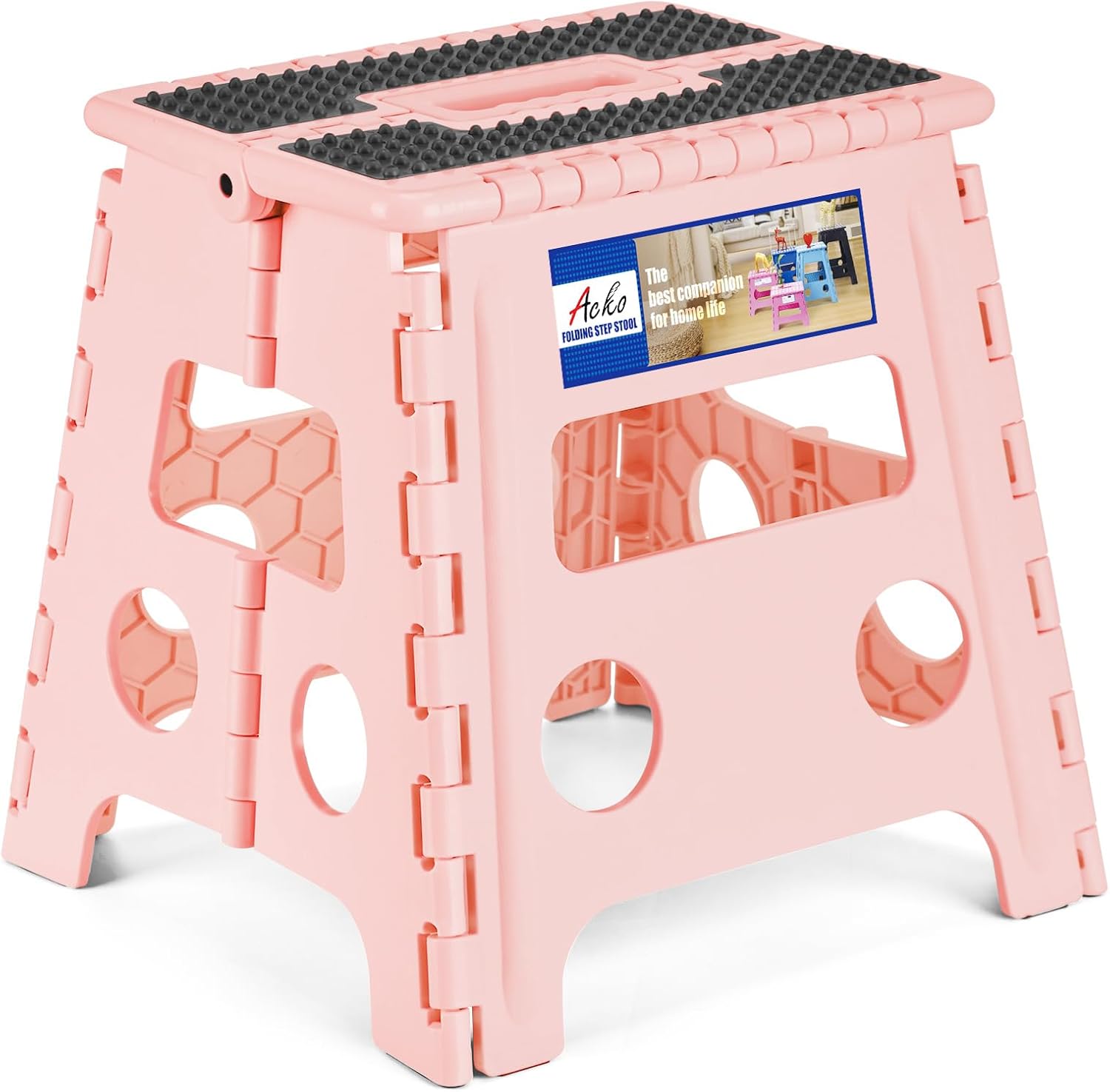 ACKO 13 Inch Folding Step Stool, Holds 300 lb for Adults and Kids, Black | Collapsible Heavy Duty Foldable Stools, Portable Non-Slip Foot Stepping stool, Kitchen Bathroom Bedroom Outdoor with Handle