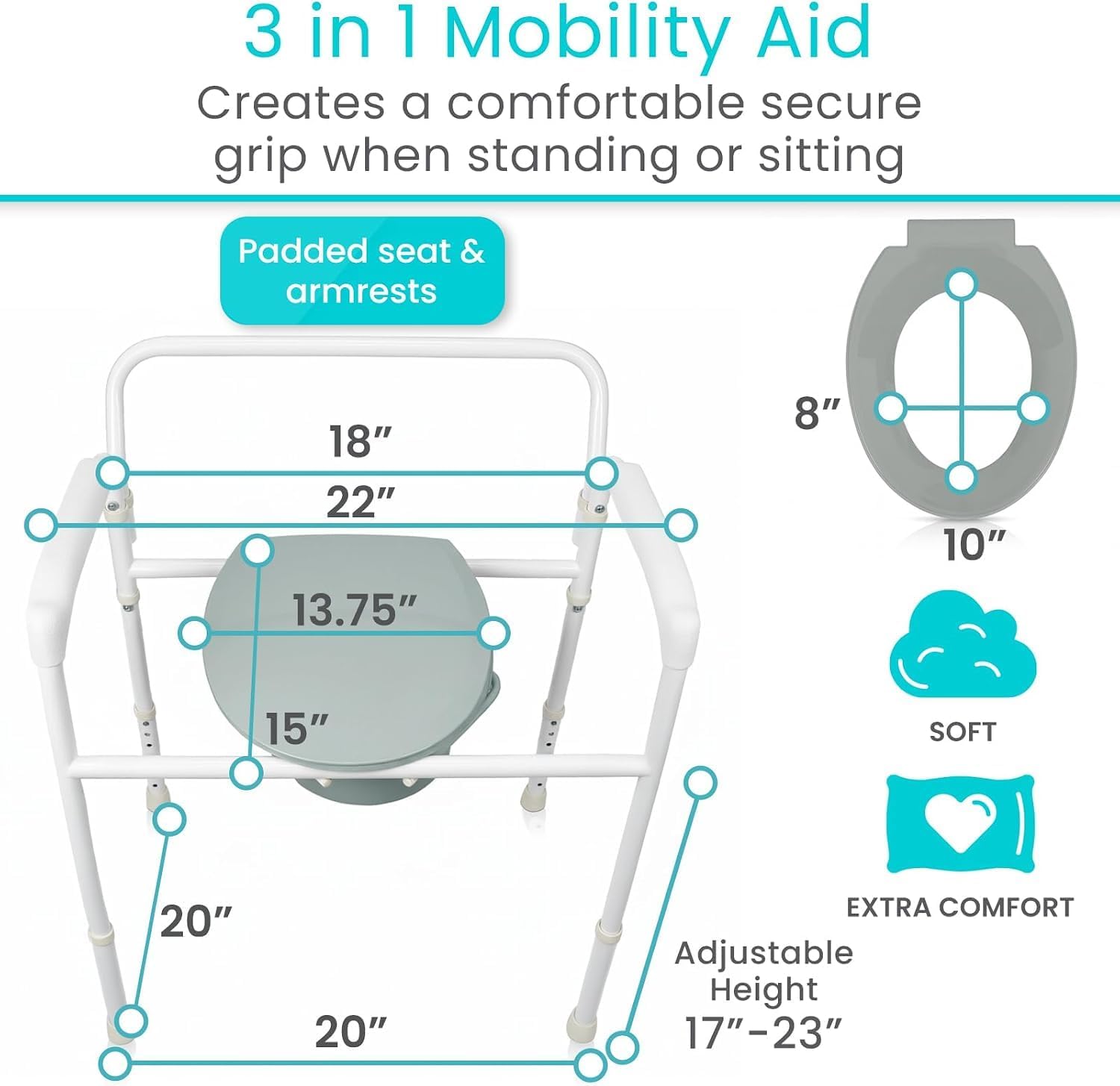 Vive Bedside Commode Toilet Chair (Folding) - 350 lb Capacity, Safety Rail, Shower Chair - 3 in 1 Heavy Duty Bariatric Bucket with Padded Arms