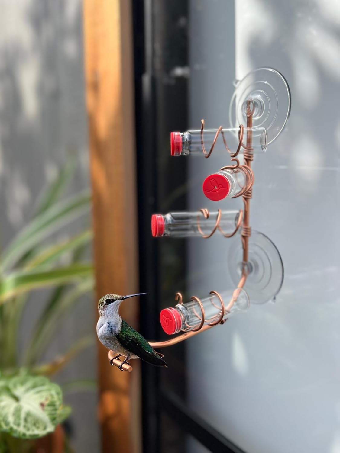 Window Hummingbird Feeder | Handcrafted Copper and Aluminum | Multiple Stations | Modern Hummingbird Feeder | Glass Bottles | Suction Cups (Copper, Four Station)