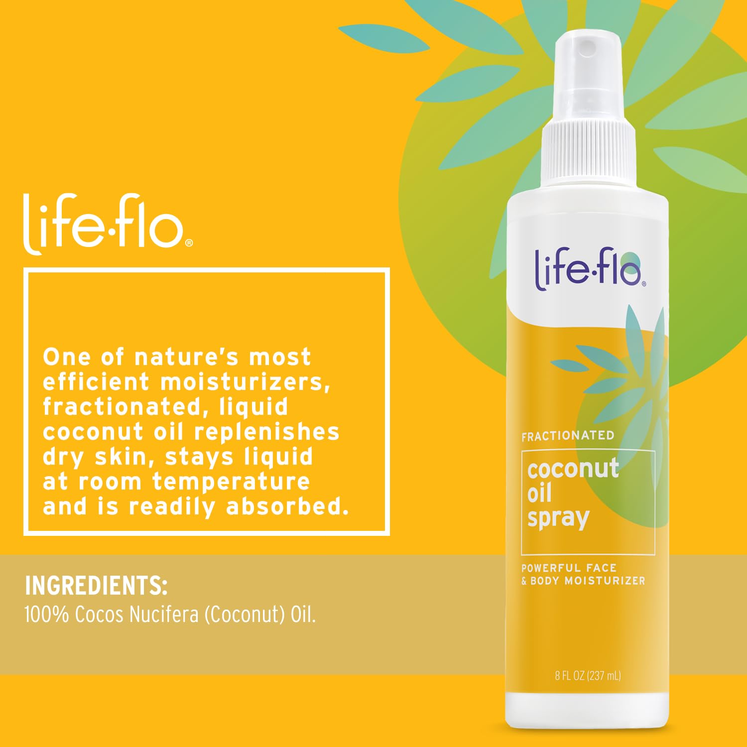 LIFE-FLO Fractionated Coconut Oil Spray, 8 fl oz | Lightweight Moisture for Skin, Hair & Nails - Fast Absorbing Liquid Coconut Oil - Hypoallergenic