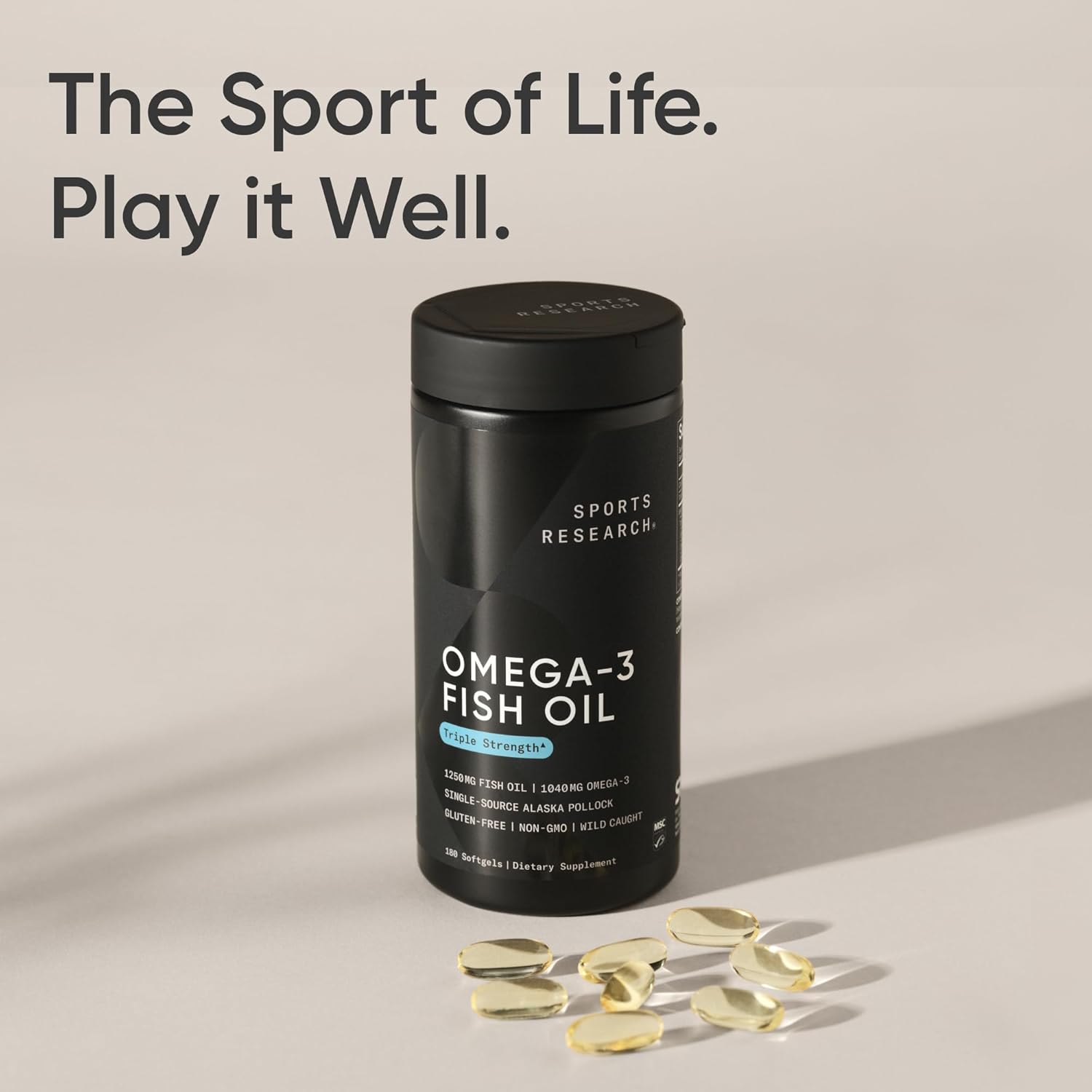Sports Research® Omega-3 Fish Oil 1250mg from Wild Alaska Pollock,180 Count | Always Fresh Never Fishy | 690mg EPA 260mg DHA per Softgel · Heart & Brain Health* · MSC Certified Sustainable - 180 Servings
