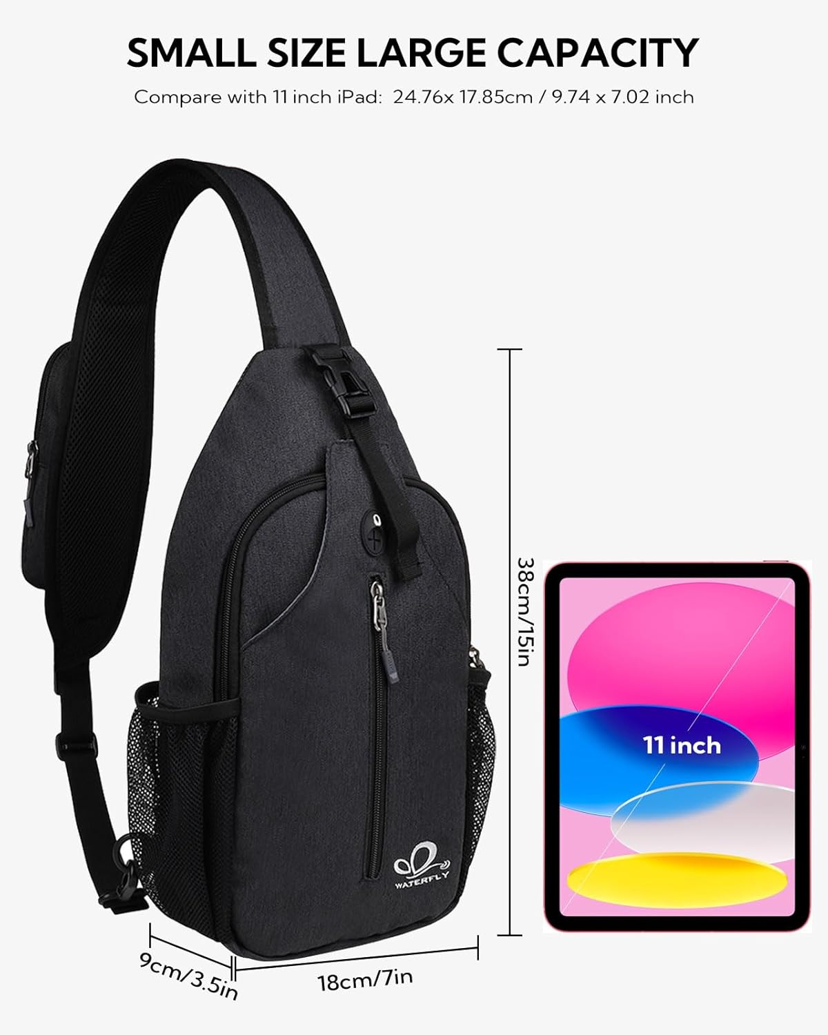 WATERFLY Crossbody Sling Backpack Sling Bag Travel Hiking Chest Bag Daypack (Black) | Small Hiking bag,Multi-compartment storage,Water-resistant,Breathable back pad,Reversible adjustable shoulder strap